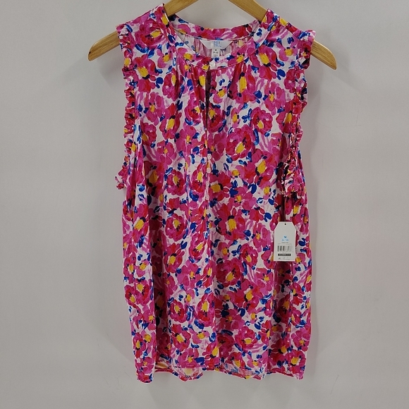 Time & Tru Pink Floral Pullover Blouse Sleeveless Top Button Front NWT Medium - Picture 1 of 8